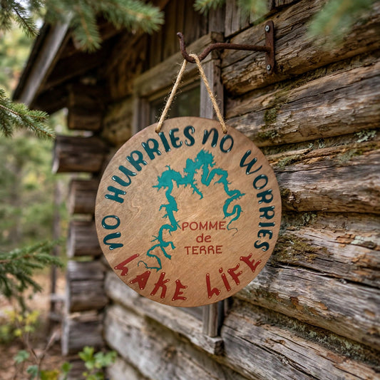 NO HURRIES NO WORRIES LAKE SIGN